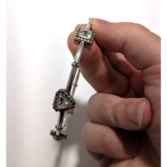 Brighton Silver Hinged Bangle Bracelet w/ Rhinestones Faux Pearls - Picture 3 of 6